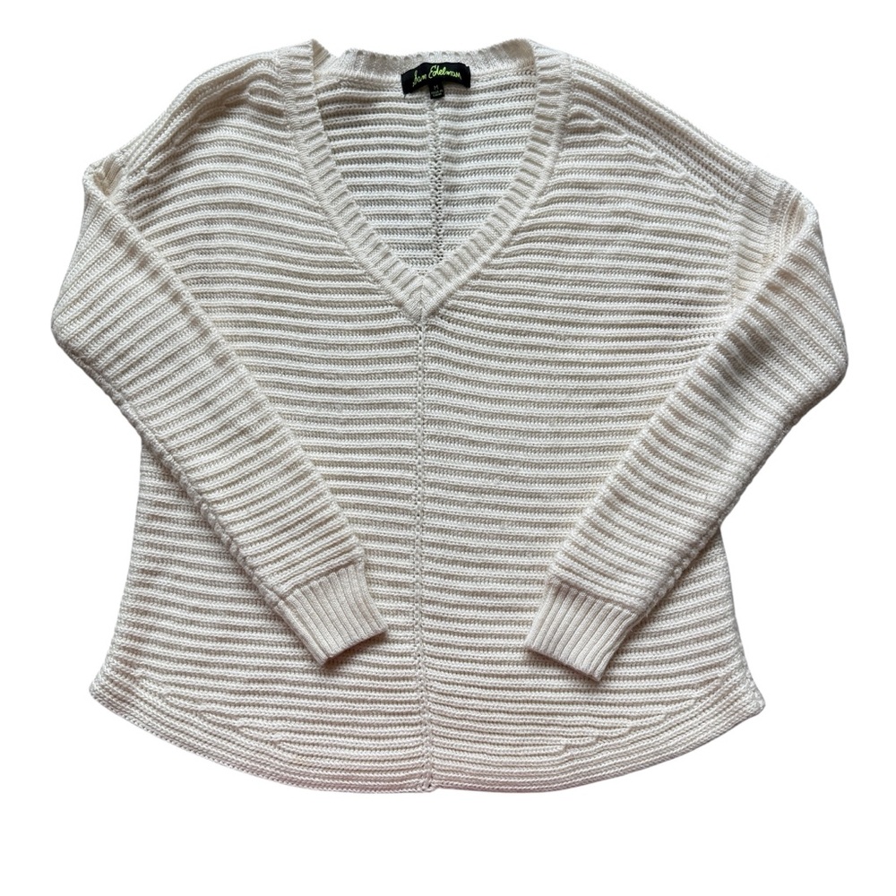 Sam Edelman Sweater Womens Size M Ivory Ribbed Knit V-Neck Pullover Minimalist